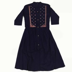 Women’s Lightweight Navy Blue Embroidered Cottage Core Spring Summer Dress Sz-L